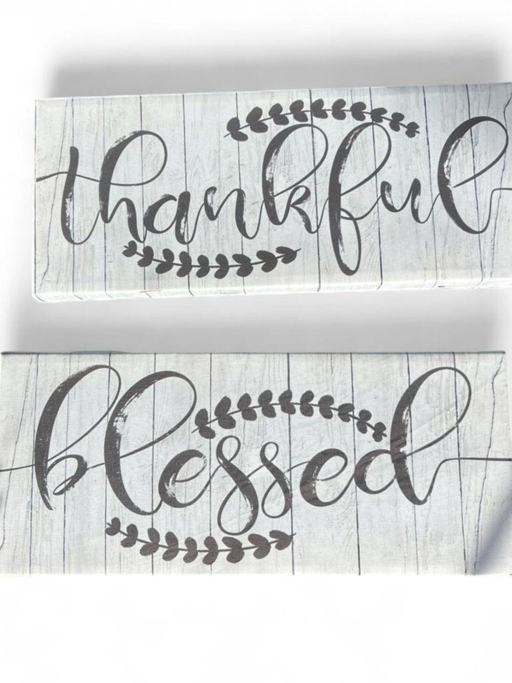 Thankful & Blessed Wall Art Signs - Gray Script white blue background